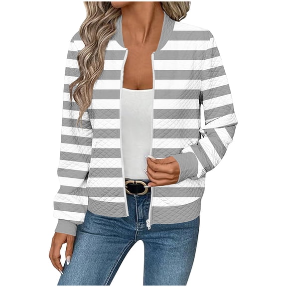 Striped Stand-Up Collar Jackets for Women, Lightweight Zipper Sweatshirts with Pockets, Fall Casual Work Tops