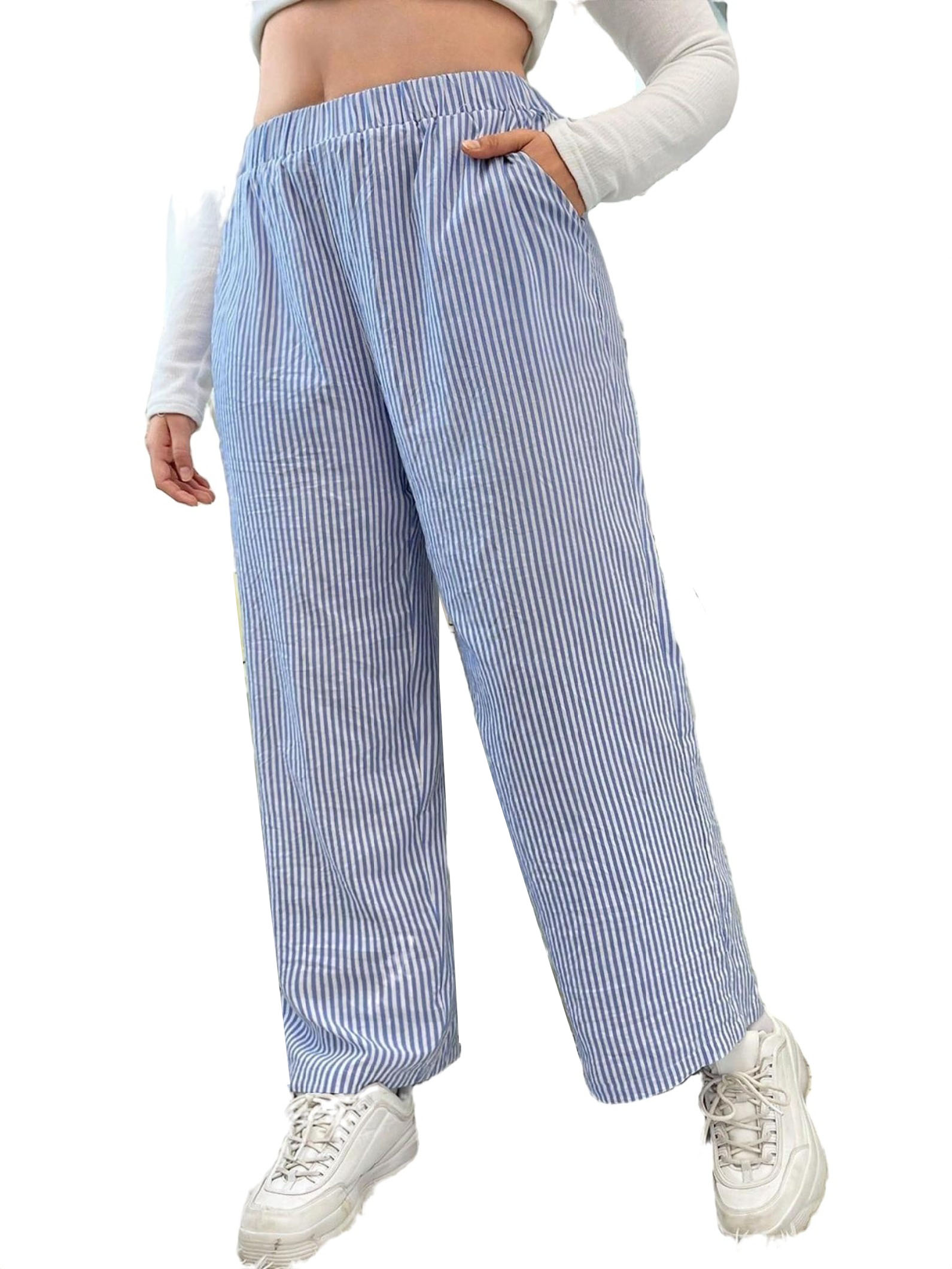 Striped Straight Leg Pants Blue and White Casual Plus Size Pants ...