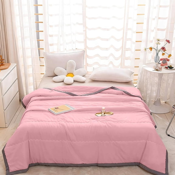 Striped Summer Quilt - Lightweight Air Conditioning Quilt, Breathable Washed Cotton, All Season Spring Fall Blanket, Pink, JASKFLY