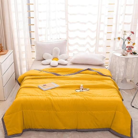 Striped Summer Quilt - Lightweight Air Conditioning Quilt, Breathable Washed Cotton, All Season Spring Fall Blanket, Yellow, JASKFLY