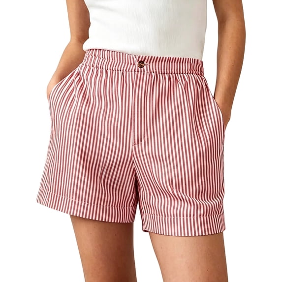 Striped Summer Shorts for Women Button Closure Elastic Waist Casual Shorts with Pockets
