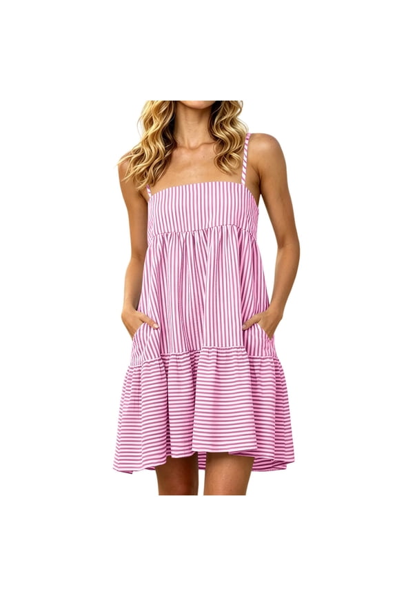 Striped Sundress For Women Adjustable Spaghetti Strap Pocket Dress for Beach Vacation Resort Travel Weekend Lunch Casual Walks Holiday Style Summer