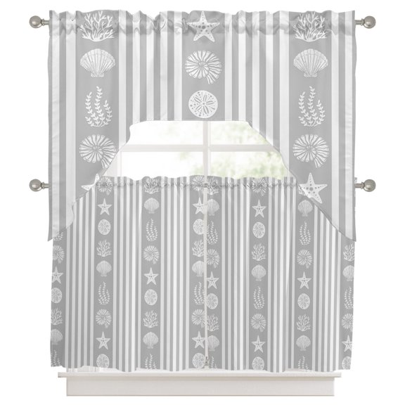 Striped Swag Valance and Tier Set of 3, Ocean Grey Starfish Shell Jellyfish Coral Swag Curtains Valances for Small Window Treatment Rod Pocket for Kitchen Bathroom 56x36in+27.5x24*2