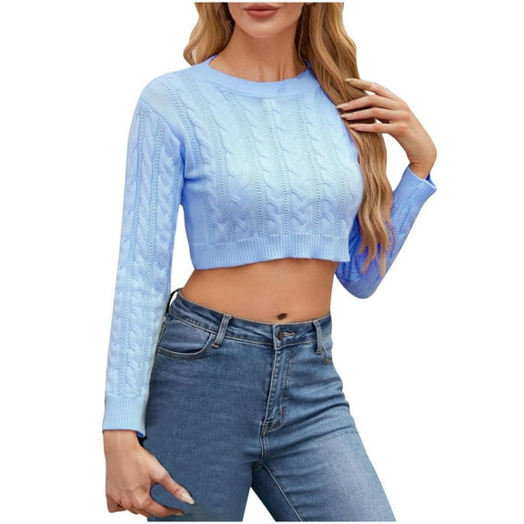 Striped Sweater Sevevn Women's Cable Cropped Sweater Long Sleeve Crewneck Pullover Knit Jumper Top