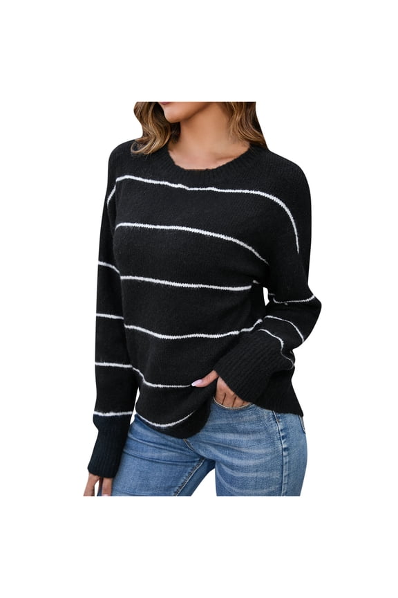 Striped Sweater Sevevn Women's Comfortable Spring/Fall Stripe Printing Long Sleeve Round Neck Sweater Top