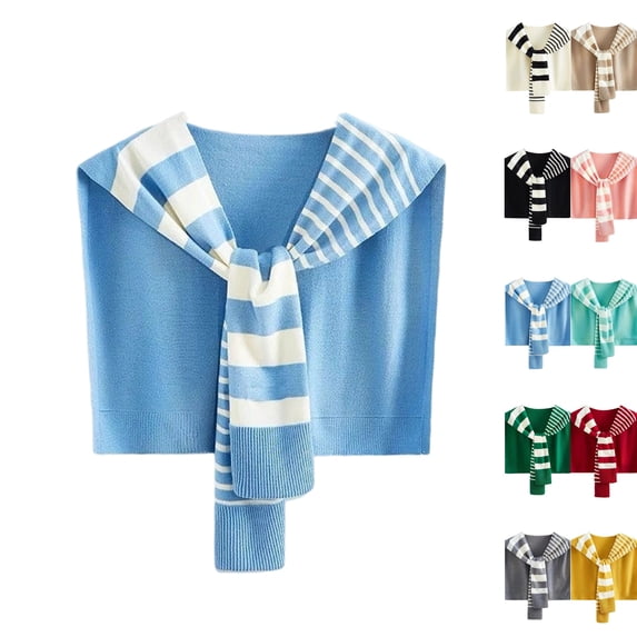 Striped Sweater Shawl Wraps for Women Sweater Knitted Knotted Shawls Travel Casual Scarf Cape Shoulder Tops Fashion Wrap Blue