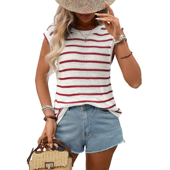 Striped Sweater Vest Women Spring Summer Crewneck Knit Shirts Dressy Beach Cute Crochet Tank Tops Red M