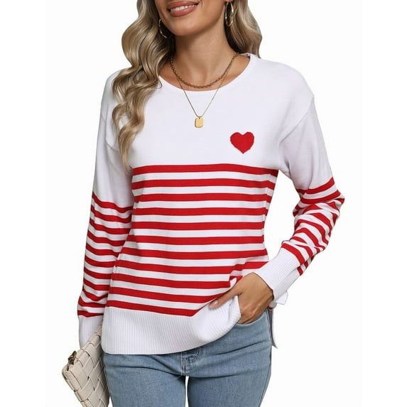Striped Sweater for Women 2024 Fashion Crewneck Lightweight Heart Sweater Casual Loose Side Split Pullover Tops Shermie