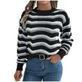 thumbnail image 1 of Striped Sweater for Women Crewneck Long Sleeve Color Block Open Knit Slim Pullover Black XL, 1 of 8