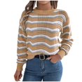 thumbnail image 1 of Striped Sweater for Women Crewneck Long Sleeve Color Block Open Knit Slim Pullover Khaki L, 1 of 8