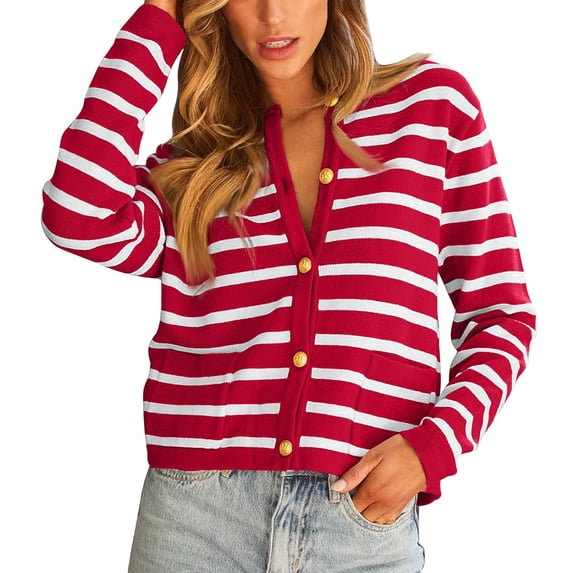 Striped Sweaters Women Button Up Cardigans Long Sleeve Crew Neck Colorblock Casual Fashion Fall Knitwear Blouses (L, Red)