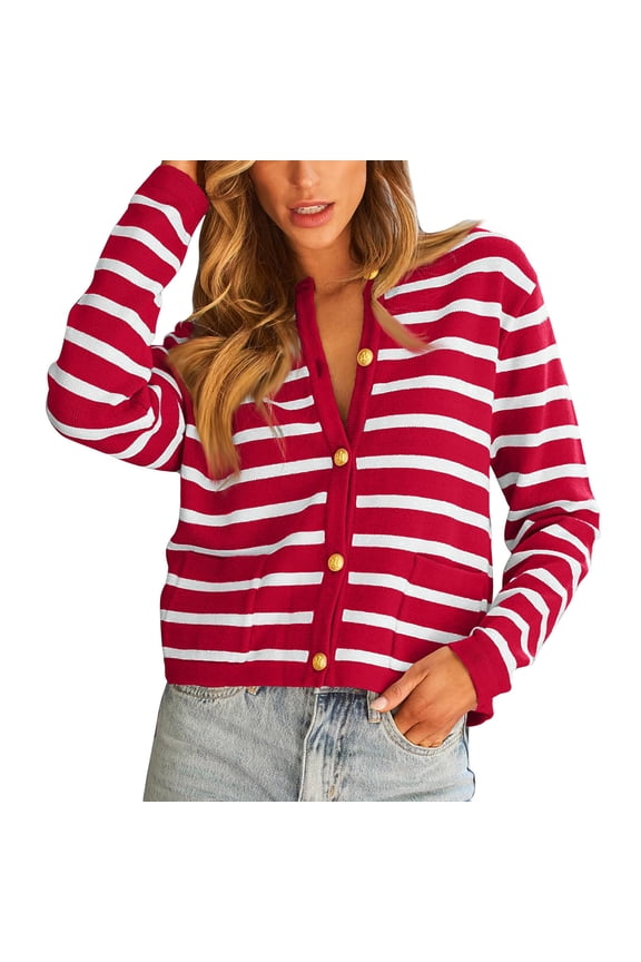 Striped Sweaters Women Button Up Cardigans Long Sleeve Crew Neck Colorblock Casual Fashion Fall Knitwear Blouses (XL, Red)