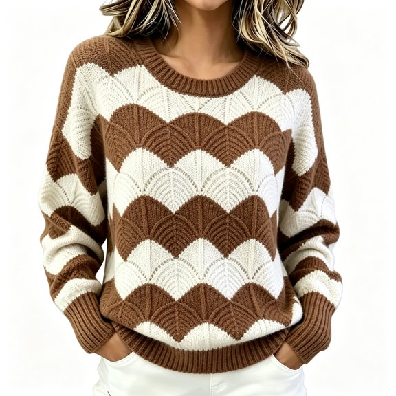 Striped Sweaters for Women Casual Scallop Pattern Long Sleeve Knit Pullover Fashion Clothing Winter Sweater Loose Fit Crewneck Fall Outfits for Women Crochet Hollow Out Color Block