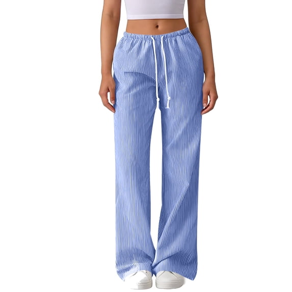Striped Sweatpants Drawstring Elastic Waist Wide Leg Pants for Women Casual Beach Travel Summer Trousers (2XL, Dark Blue)