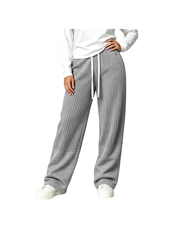 Striped Sweatpants for Women Patchwork Loose Straight Cut Drawstring Elastic Waist Full Length Pants