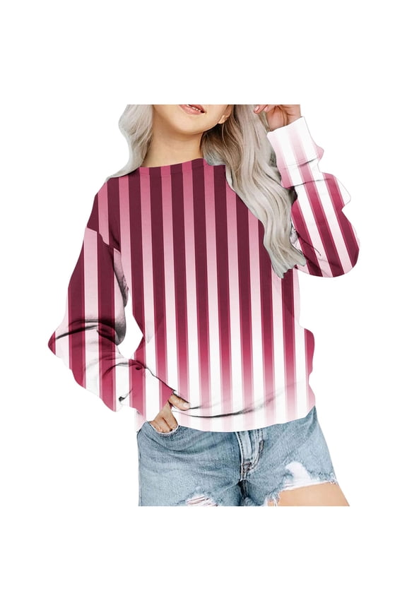 Striped Sweatshirt Girl Long Sleeve Graphic Crewneck Shirts 1-11Y Comfort Toddler Pretty Back to School Tops, Red, 2 Years