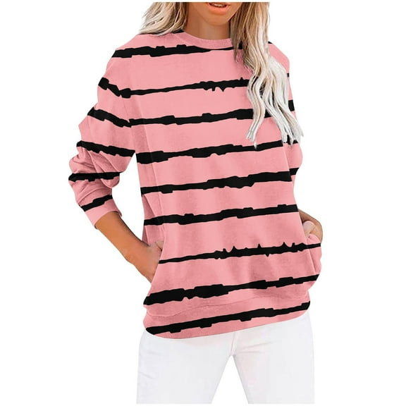 Striped Sweatshirt for Women Casual Crew Neck Oversized Long Sleeve Preppy Sweatshirts Fall Pullover Tops with Pockets
