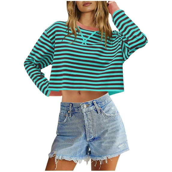 Striped Sweatshirts Womens Long Sleeve Crewneck Crop Tops Fall Winter Casual Color Block Light Short Pullovers (2XL, Sky Blue)