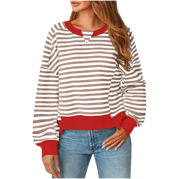 Striped Sweatshirts for Women Tunic Tops Long Sleeve Striped Shirts Crewneck Tops for Teen Girls Brown L
