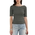 thumbnail image 1 of Striped T-Shirt for Women Boat Neck Half Sleeve Tops Slim Fit Casual Trendy Outfits M Black, 1 of 6