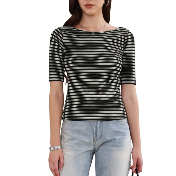 Striped T-Shirt for Women Boat Neck Half Sleeve Tops Slim Fit Casual Trendy Outfits M Black