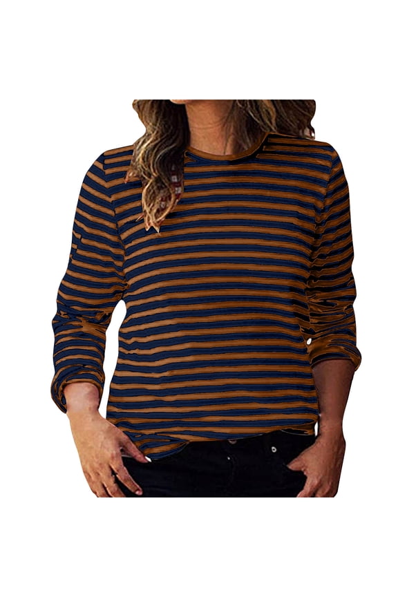 Striped T-Shirts Women Fall Trendy Long Sleeve Plus Size Casual Tshirts Pullover Crewneck Light Sweatshirt, Brown 3XL