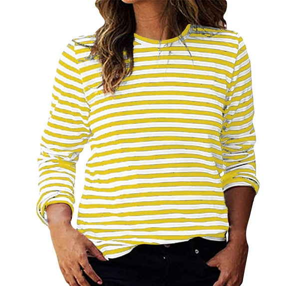 Striped T-Shirts Women Fall Trendy Long Sleeve Plus Size Casual Tshirts Pullover Crewneck Light Sweatshirt, Yellow 3XL