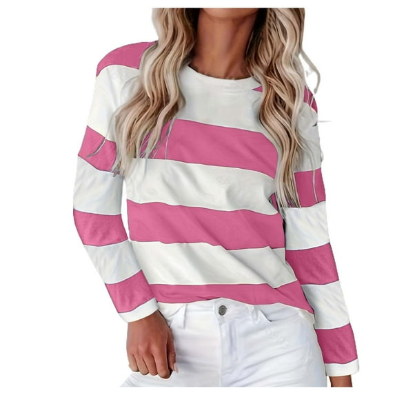 Striped T Shirts for Women Long Sleeve Crew Neck Color Block Tunic Blouses 2025 Fashion Fall Trendy Causal Basic Pullover Tops