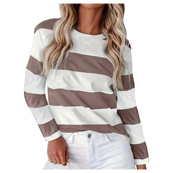 Striped T Shirts for Women Long Sleeve Crew Neck Color Block Tunic Blouses 2025 Fashion Fall Trendy Causal Basic Pullover Tops