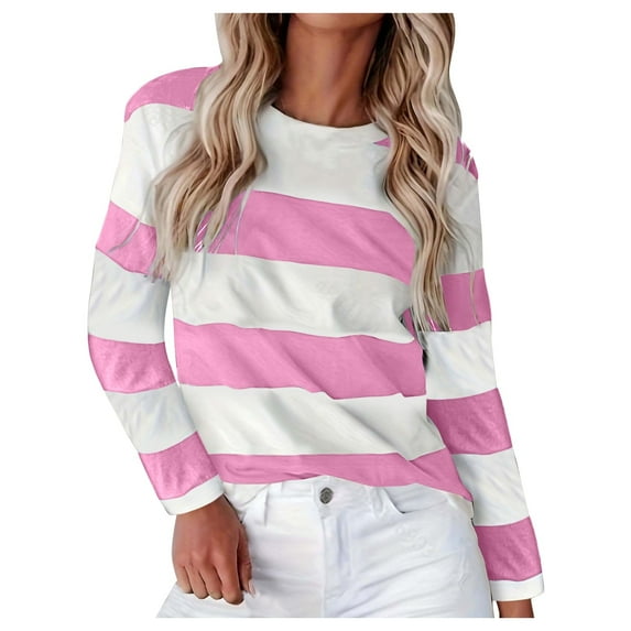 Striped T Shirts for Women Long Sleeve Crew Neck Color Block Tunic Blouses 2025 Fashion Fall Trendy Causal Basic Pullover Tops