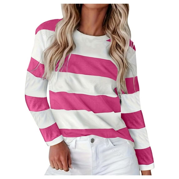 Striped T Shirts for Women Long Sleeve Crew Neck Color Block Tunic Blouses 2025 Fashion Fall Trendy Causal Basic Pullover Tops