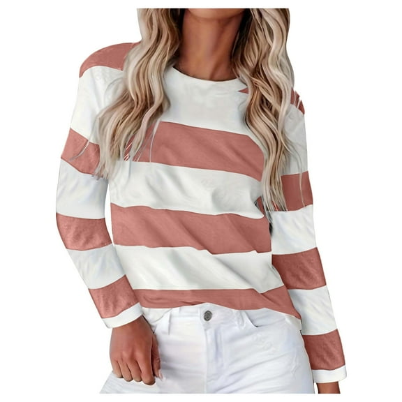 Striped T Shirts for Women Long Sleeve Crew Neck Color Block Tunic Blouses 2025 Fashion Fall Trendy Causal Basic Pullover Tops