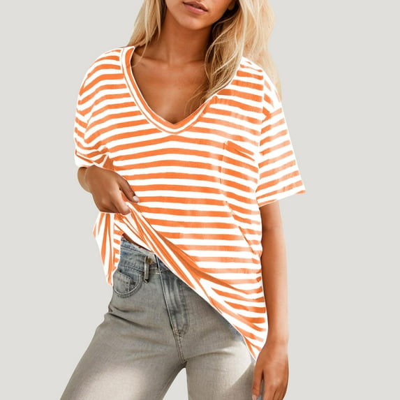 Striped T Shirts for Women Oversized Fit Trendy V Neck Drop Shoulder Short Sleeve Chest Pocket Loose Summer Casual Tops (2XL, Orange)