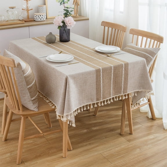 Striped Table Cloth with Tassels,Rectangle Tablecloths for 4/6 Foot and Other Size or Round Tables,Cotton and Linen Waterproof Dining Table Cover(55 x 36,Khaki)