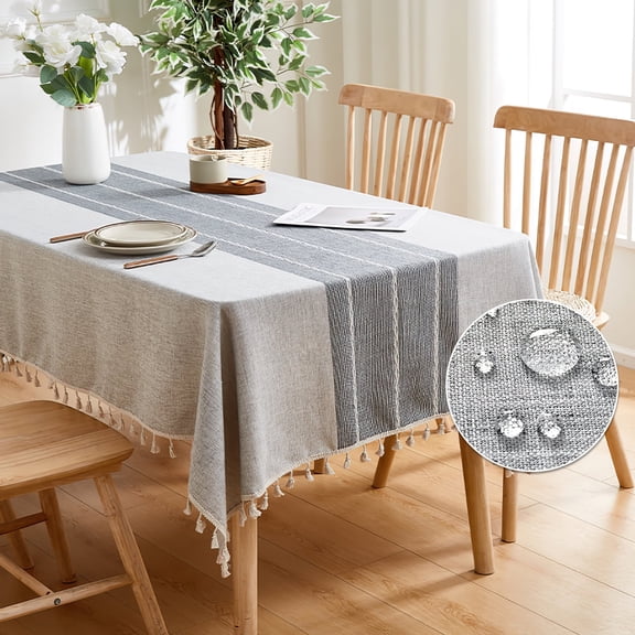 Striped Table Cloth with Tassels, Rectangle Tablecloths for 6 / 8 Foot and Other Size or Round Tables, Cotton and Linen Waterproof Dining Table Cover(55 x 86, Gray)