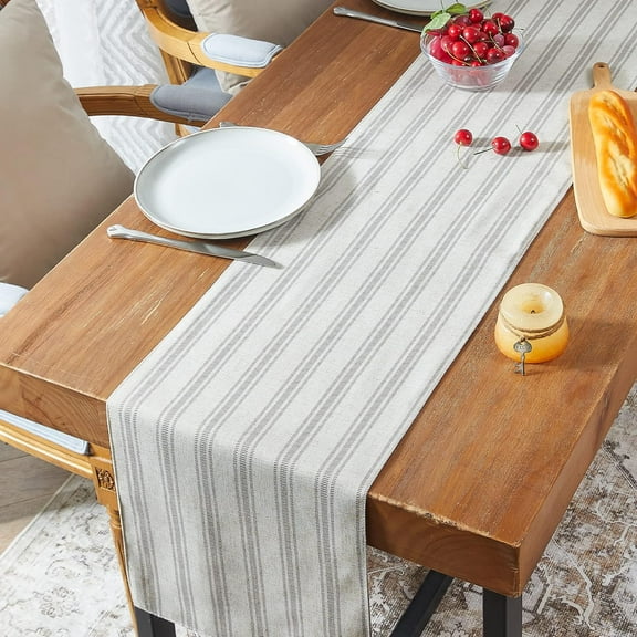 Striped Table Runner Farmhouse Linen Tablecloths Square Stripe Printed Decorative Table Runners Rustic Country Table Runner for Dresser Dining Room Decorations 1 Panel 13x72 Inch Grey on Beige