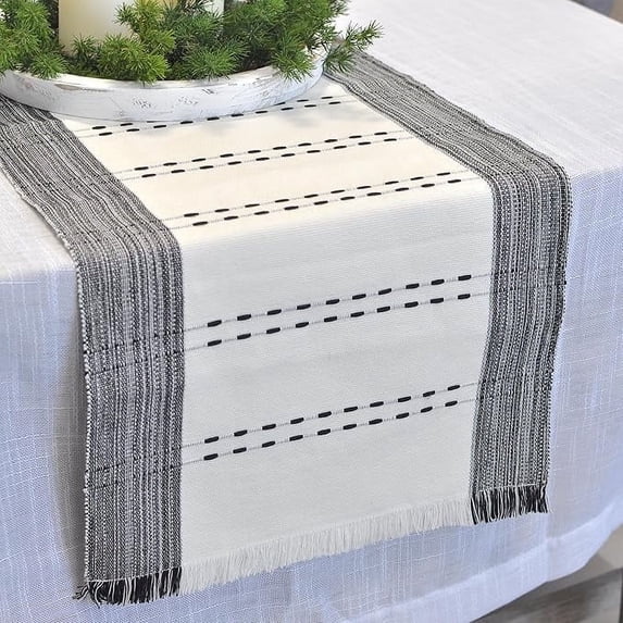 Striped Table Runner with Fringe Organic Cotton Woven Dash Rustic Farmhouse Cloth Dining Table Runner for Kitchen Buffet Table Boho Dresser Scarf Washable Chambray Textured Grey / off White 14"x72"