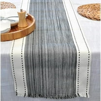 Striped Table Runner with Fringe Organic Cotton Woven Dash Rustic Farmhouse Cloth Dining Table Runner for Kitchen Buffet Table Boho Dresser Scarf Washable Chambray Textured Black / off White 14"x72"