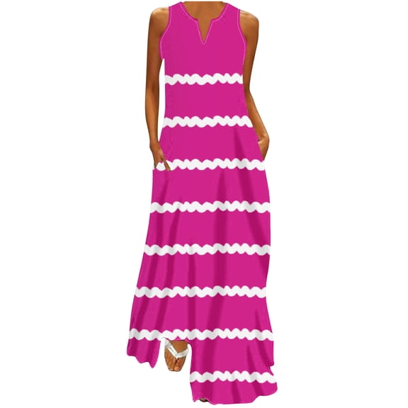 Striped Tank Dress for Women Summer Casual Beach Sleeveless V Neck Maxi Long Dress with 2 Pockets Sundress (Large, Pink)