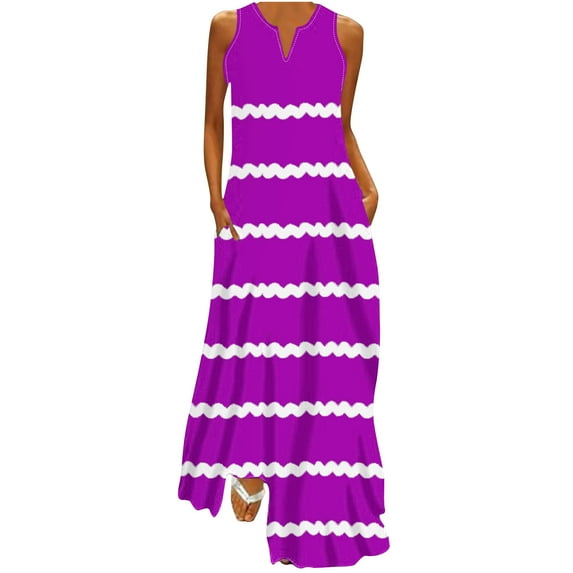 Striped Tank Dress for Women Summer Casual Beach Sleeveless V Neck Maxi Long Dress with 2 Pockets Sundress (Large, Purple)
