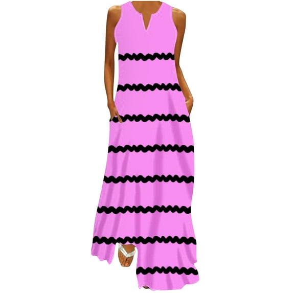 Striped Tank Dress for Women Summer Casual Beach Sleeveless V Neck Maxi Long Dress with 2 Pockets Sundress (X-Large, Hot Pink)