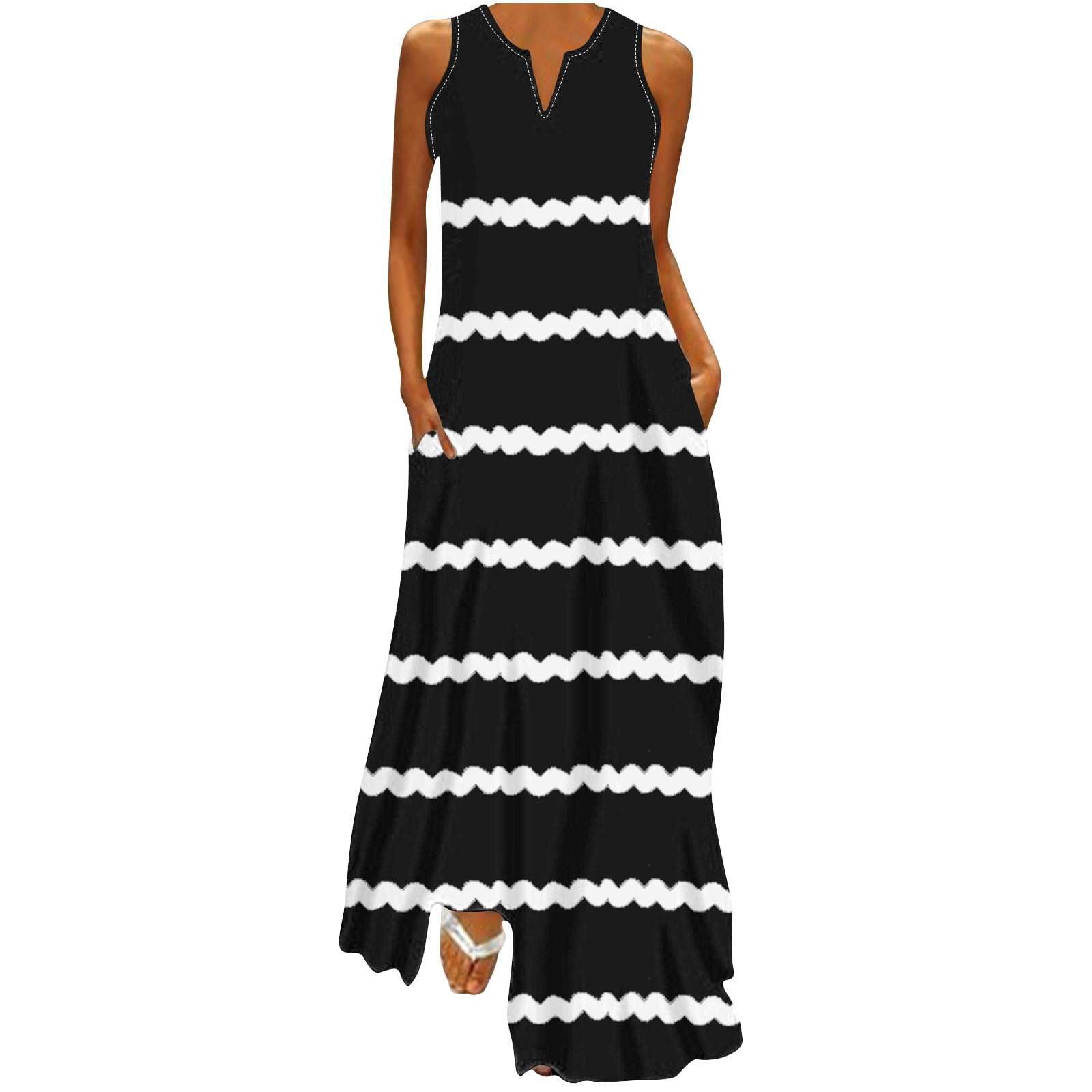 knee length dresses for ladies Knit Striped Tank Dress