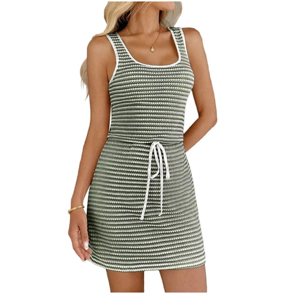 Striped Tank Dresses for Women Summer Casual Drawstring Waist Sleeveless Mini Dresses Beach Cover Up Sundresses Green, M