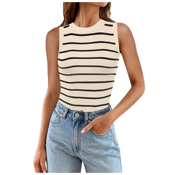 Striped Tank Top for Women Slim Fit Sleeveless Crewneck Summer Tops for Women Casual Going Out Shirts 002Beige