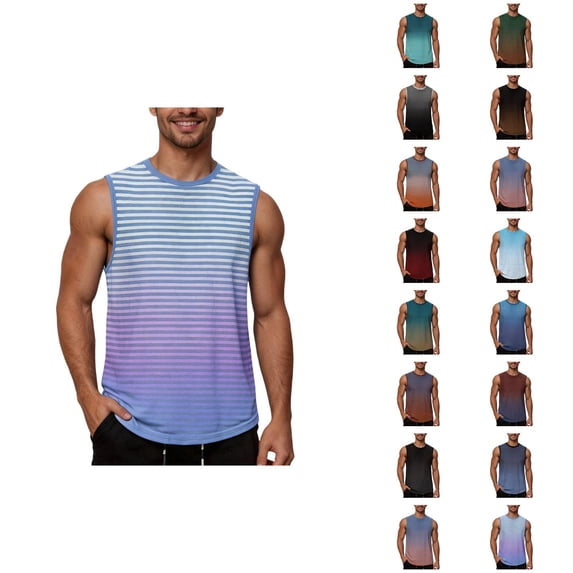 Striped Tank Tops for Men Gradient Color Crewneck Sleeveless Shirt Summer Casual Beach Vacation Tops