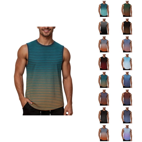 Striped Tank Tops for Men Gradient Color Crewneck Sleeveless Shirt Summer Casual Beach Vacation Tops