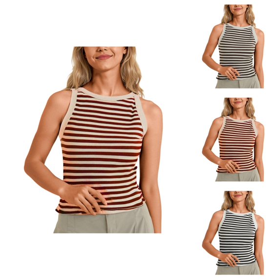 Striped Tank Tops for Women Ribbed Knit Crewneck Sleeveless Shirt Summer Womens Tanks