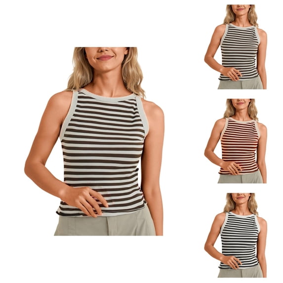Striped Tank Tops for Women Ribbed Knit Crewneck Sleeveless Shirt Summer Womens Tanks