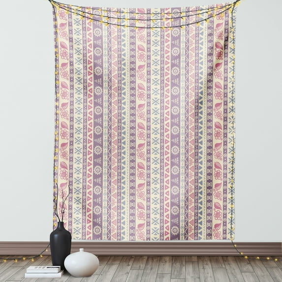 Striped Tapestry, Soft Tone with Ancient Ethnic Elements Floral Leaf Archaic American Design Print, Wall Hanging for Bedroom Living Room Dorm Decor, 40W X 60L Inches, Yellow Purple, by Ambesonne