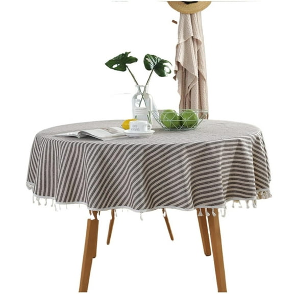 Striped Tassel Round Tablecloth Cotton Linen Wrinkle Resistant Table Cover for Kitchen Dining Home Tabletop Decoration